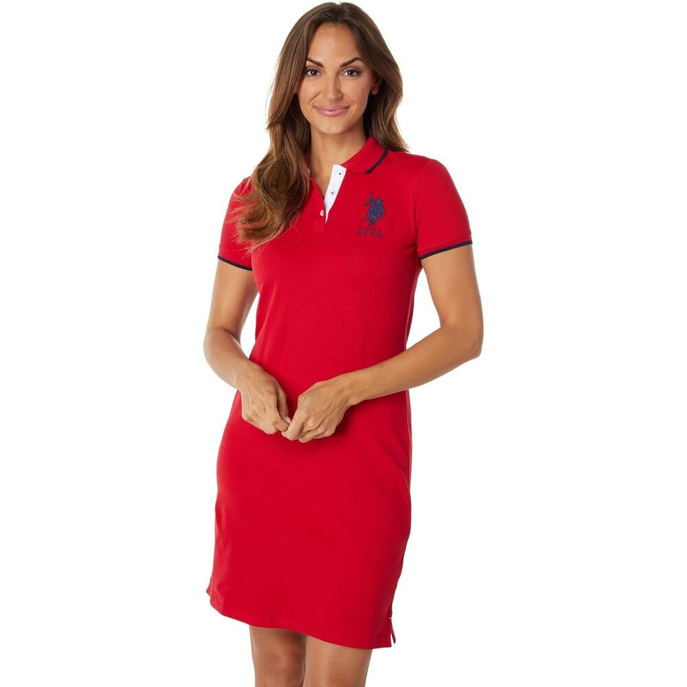 U.S. Polo Assn Womens Red Triple Crown Polo Dress Size M Navy Trim | Preppy Golf